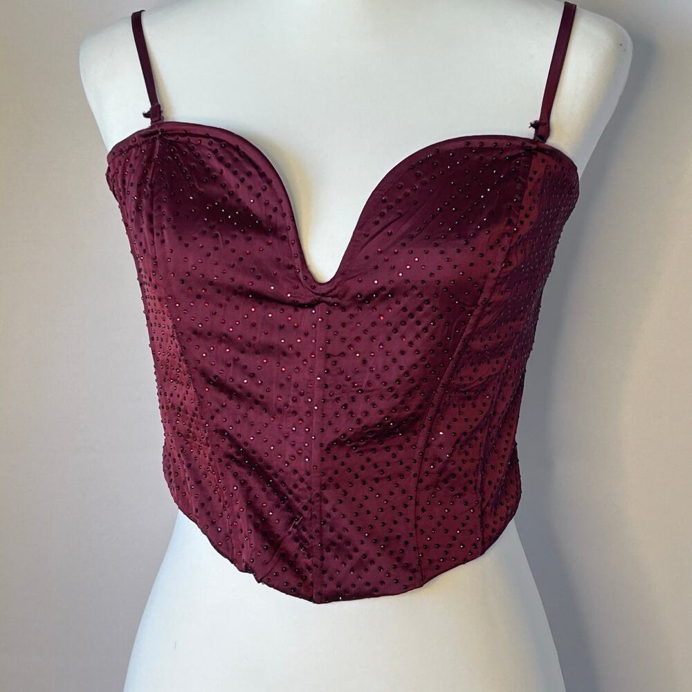Windsor Burgundy Rhinestone Corset Top Medium Satin Bustier